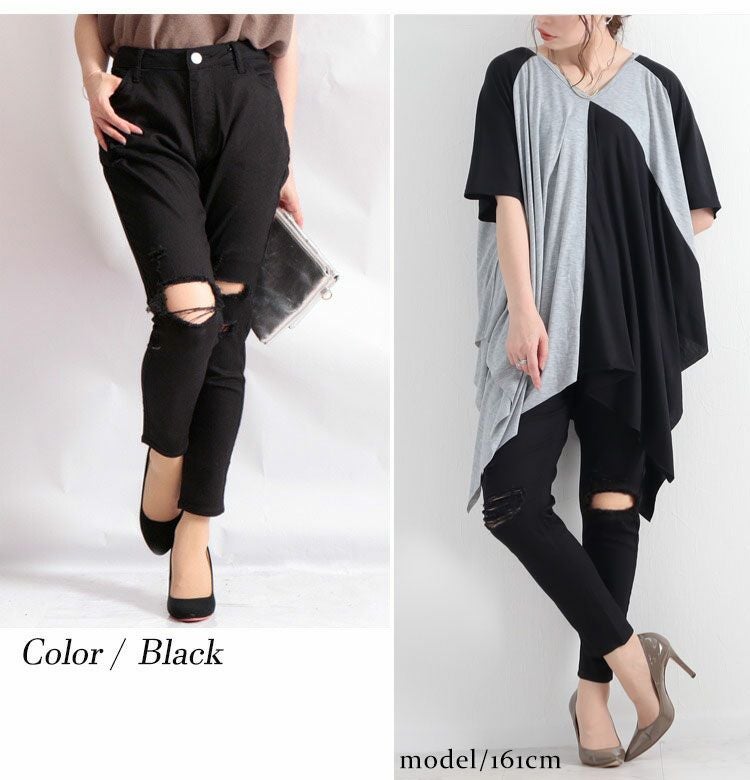 大きいサイズ レディース ストレッチダメージデニムスキニーパンツ　tkb-127670346