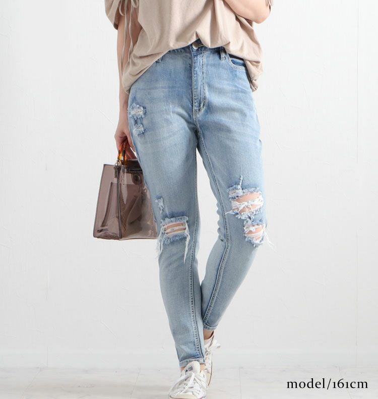 大きいサイズ レディース ストレッチダメージデニムスキニーパンツ　tkb-127670346