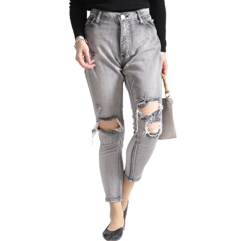 大きいサイズ レディース ストレッチダメージデニムスキニーパンツ　tkb-127670346 ブリーチブラック