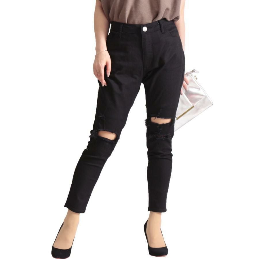 大きいサイズ レディース ストレッチダメージデニムスキニーパンツ　tkb-127670346 ブラック