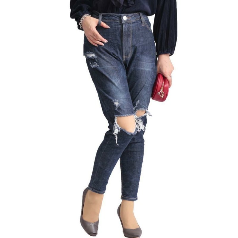 大きいサイズ レディース ストレッチダメージデニムスキニーパンツ　tkb-127670346 ネイビー