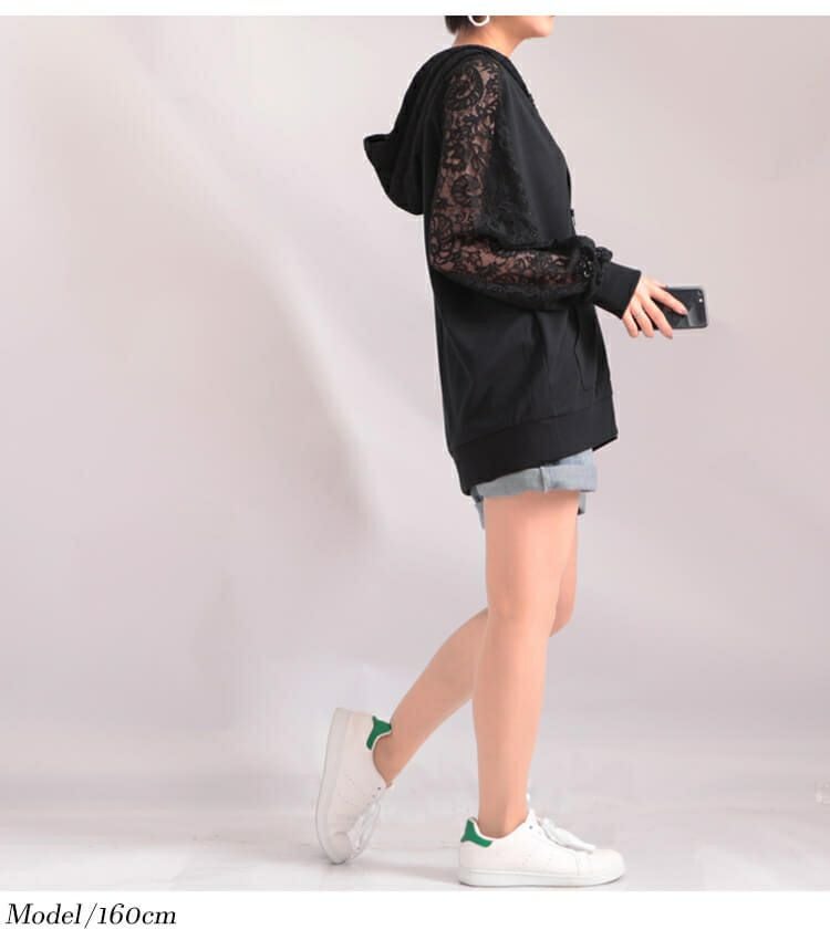 大きいサイズ レディース レース切替えジップアップパーカー　sw-0323