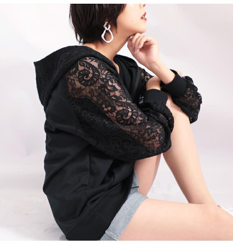 大きいサイズ レディース レース切替えジップアップパーカー　sw-0323