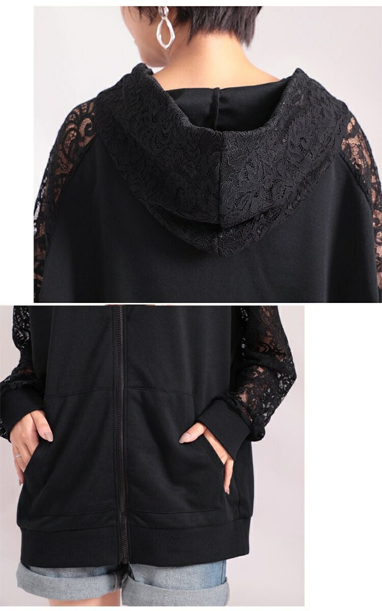 大きいサイズ レディース レース切替えジップアップパーカー　sw-0323