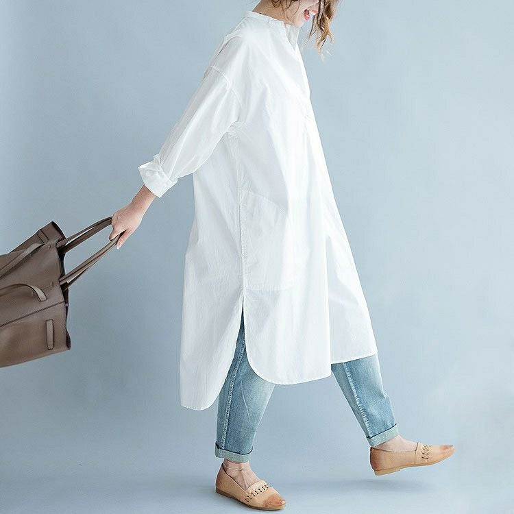 大きいサイズ レディース ホワイトキーネックシャツワンピース　goldy-494