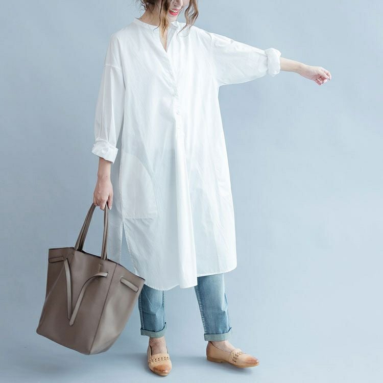 大きいサイズ レディース ホワイトキーネックシャツワンピース　goldy-494