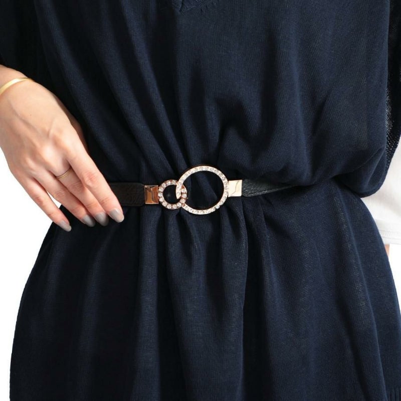 大きいサイズ レディース デザインナローゴムベルト　art-type【メール便可】 ブラックF