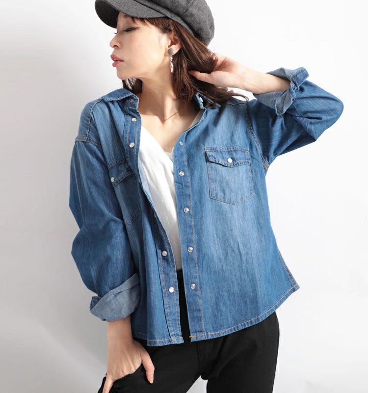 大きいサイズ レディース スラブデニムベーシックシャツ　wd-0160