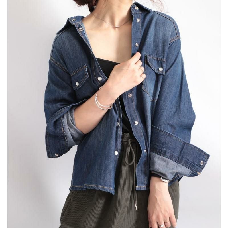大きいサイズ レディース スラブデニムベーシックシャツ　wd-0160 ネイビー