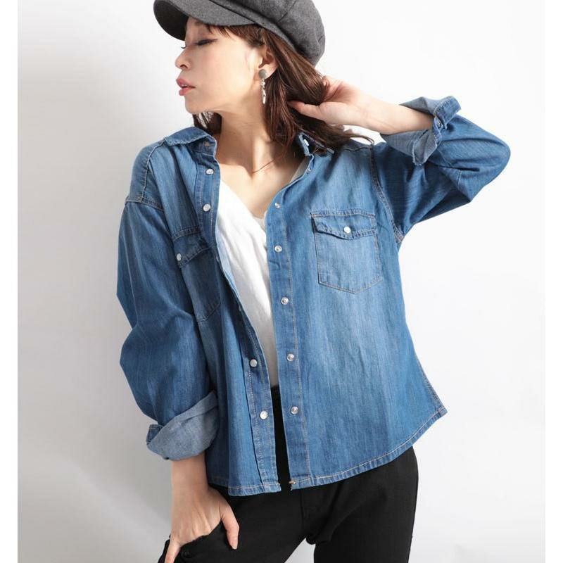 大きいサイズ レディース スラブデニムベーシックシャツ　wd-0160 ブルー