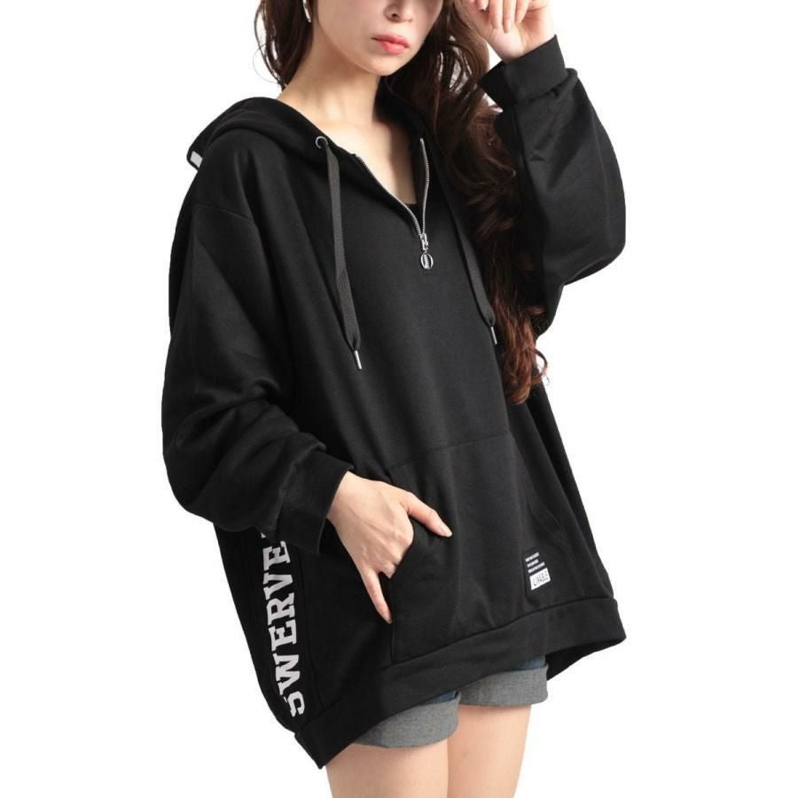 大きいサイズ レディース ロゴプリント入りプルオーバーパーカー　bai-0006 ブラック
