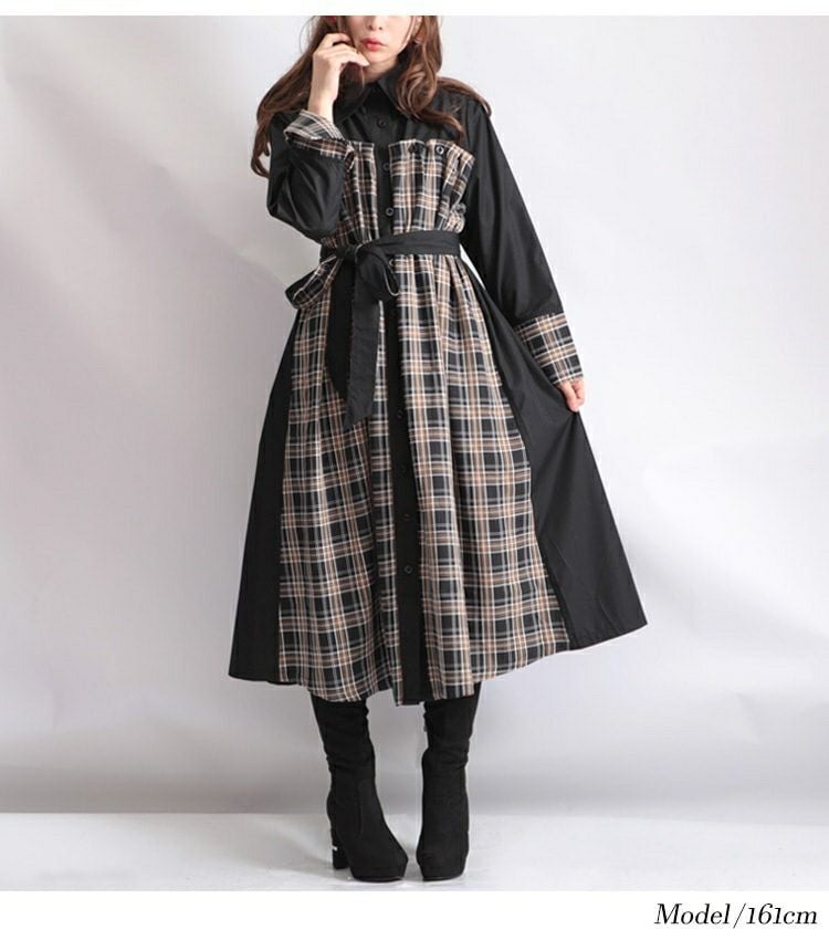 大きいサイズ レディース リボンベルト付きチェック柄切替シャツワンピース　jp280