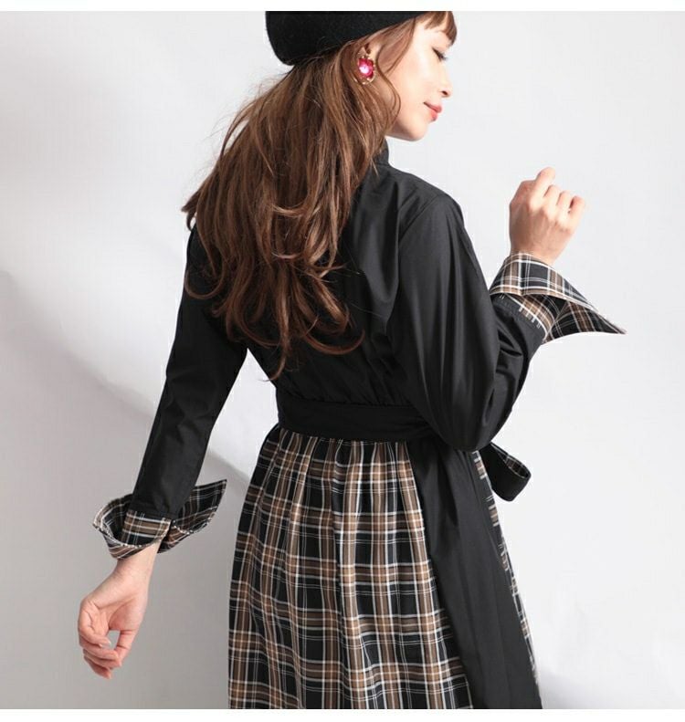 大きいサイズ レディース リボンベルト付きチェック柄切替シャツワンピース　jp280