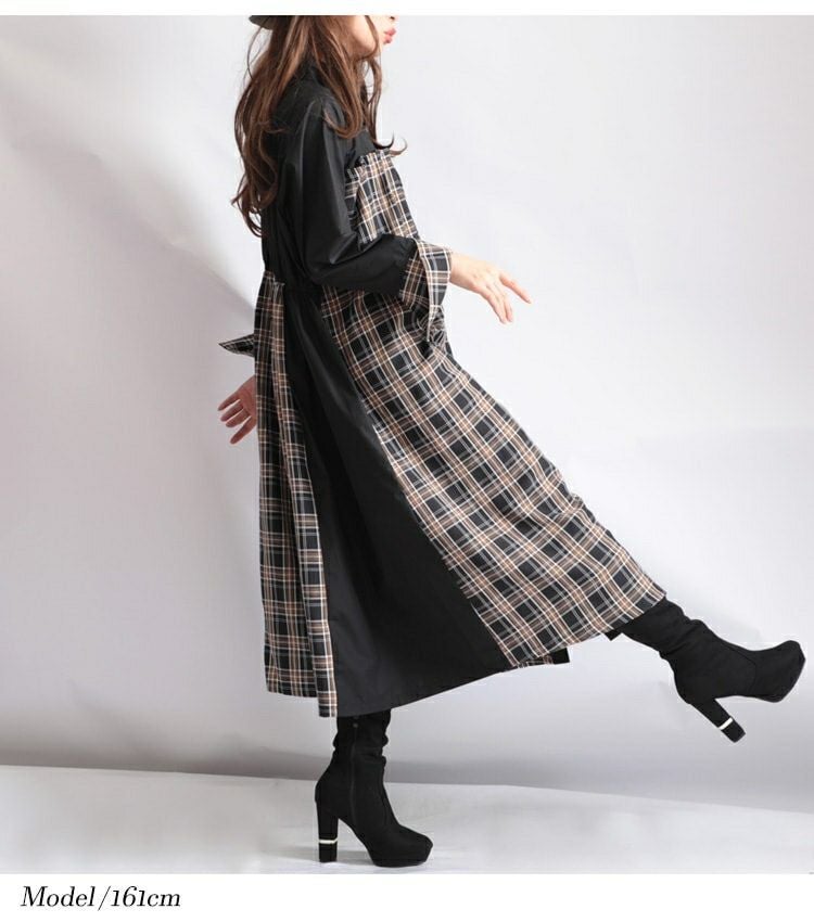 大きいサイズ レディース リボンベルト付きチェック柄切替シャツワンピース　jp280