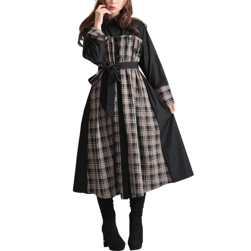 大きいサイズ レディース リボンベルト付きチェック柄切替シャツワンピース　jp280 ブラック
