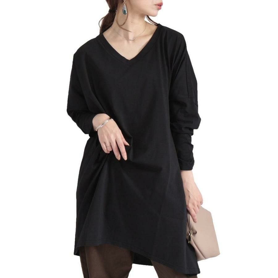 大きいサイズ レディース Vネックカットソーチュニック　maru-6402 ブラック