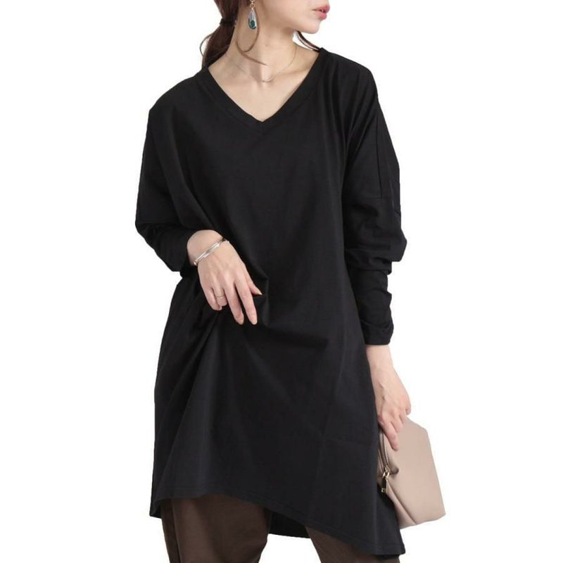 大きいサイズ レディース Vネックカットソーチュニック　maru-6402 ブラック