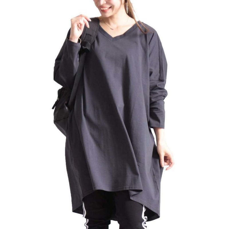 大きいサイズ レディース Vネックカットソーチュニック　maru-6402 チャコール