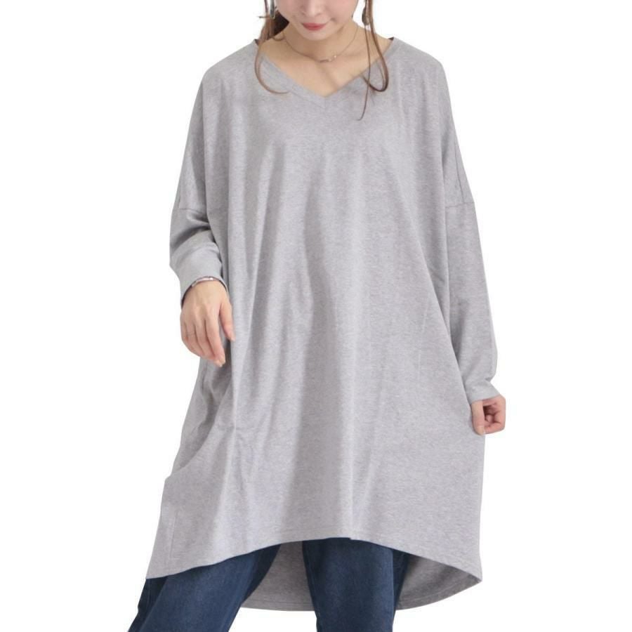 大きいサイズ レディース Vネックカットソーチュニック　maru-6402 杢グレー