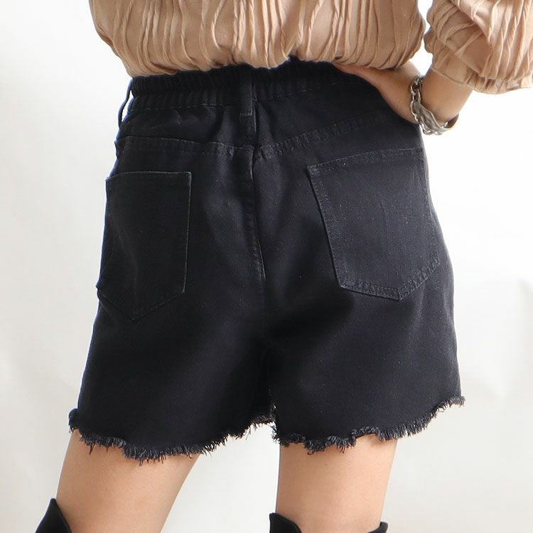 大きいサイズ レディース バックウエストギャザーダメージデニムショートパンツ　goldy-530