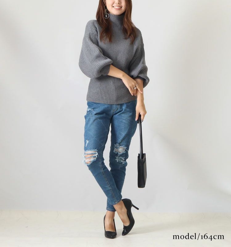 大きいサイズ レディース ボリューム袖ボトルネックリブニット　gold824