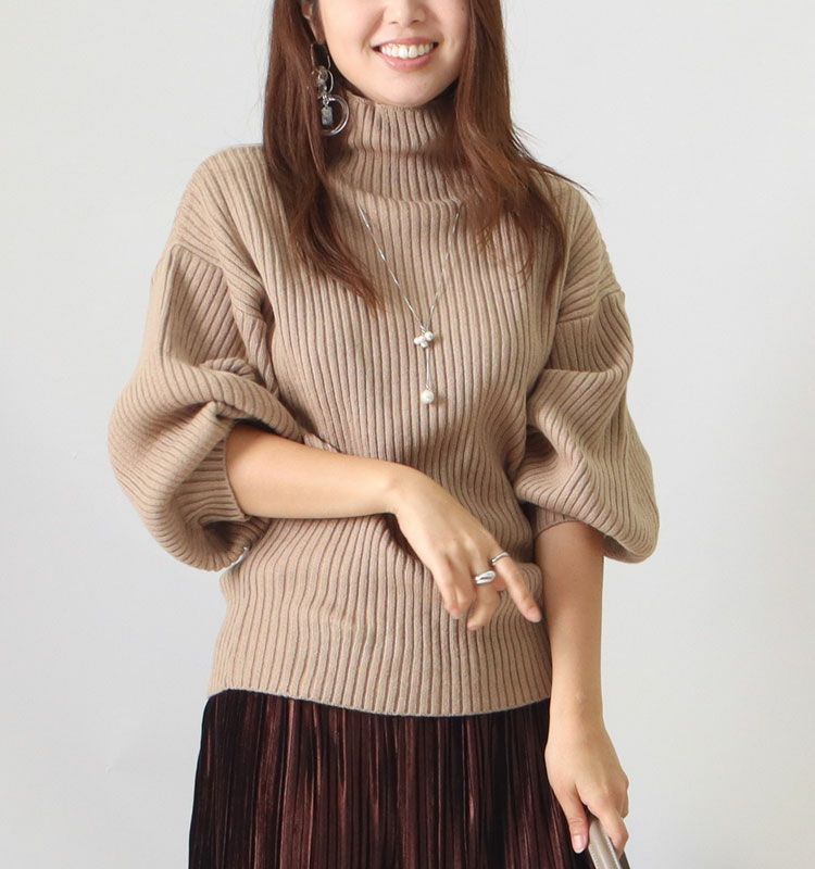 大きいサイズ レディース ボリューム袖ボトルネックリブニット　gold824