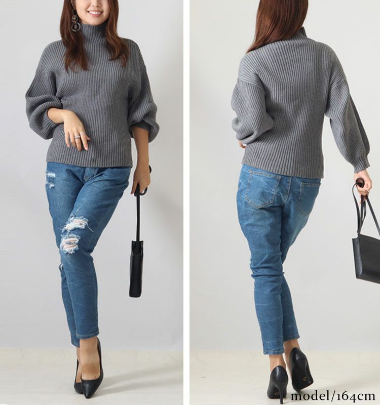 大きいサイズ レディース ボリューム袖ボトルネックリブニット　gold824