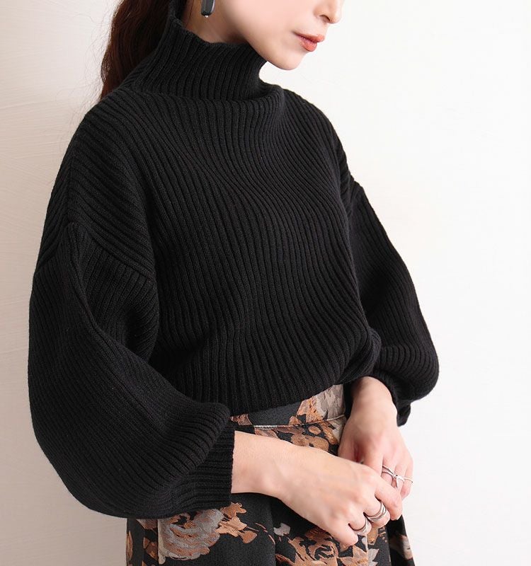 大きいサイズ レディース ボリューム袖ボトルネックリブニット　gold824