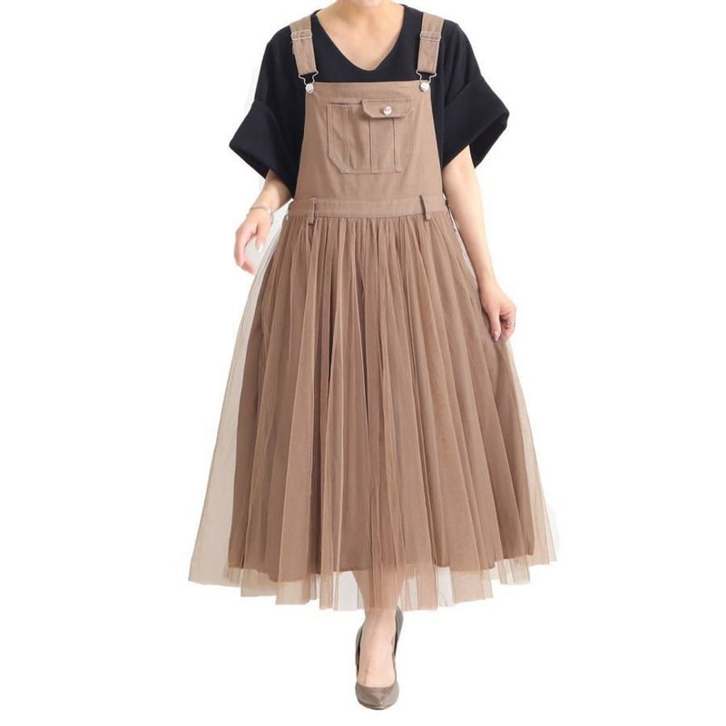 大きいサイズ レディース チュールサロペットスカート　jp270 モカ