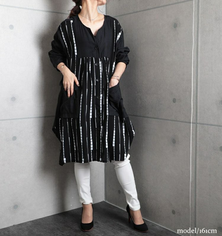 大きいサイズ レディース モノトーン柄シャツチュニックワンピース　gold802