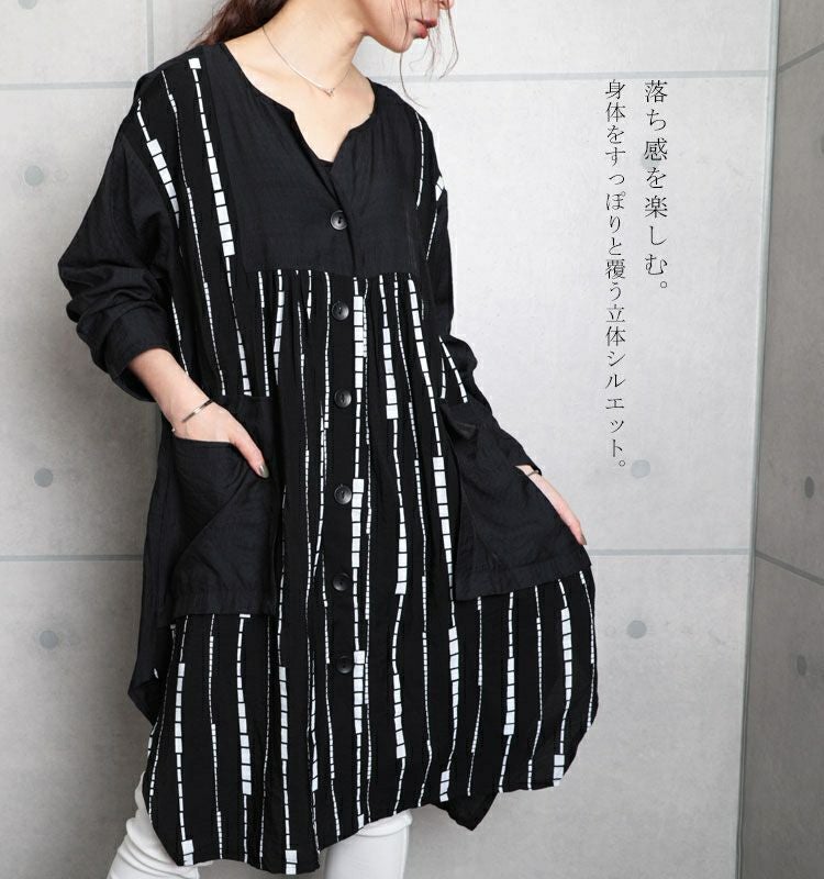 大きいサイズ レディース モノトーン柄シャツチュニックワンピース　gold802
