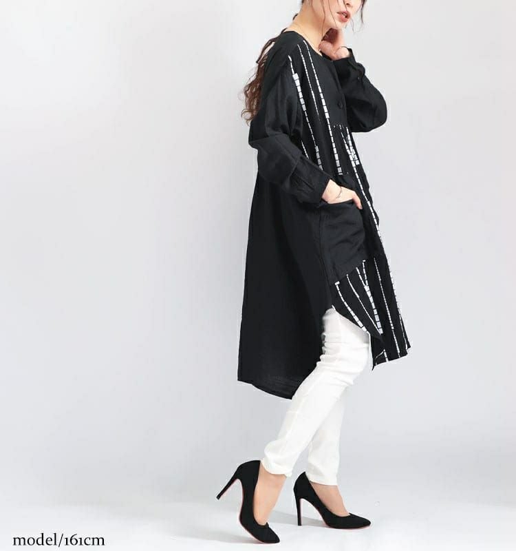 大きいサイズ レディース モノトーン柄シャツチュニックワンピース　gold802