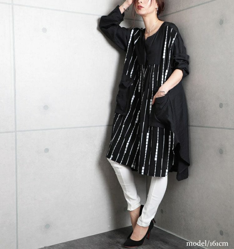 大きいサイズ レディース モノトーン柄シャツチュニックワンピース　gold802