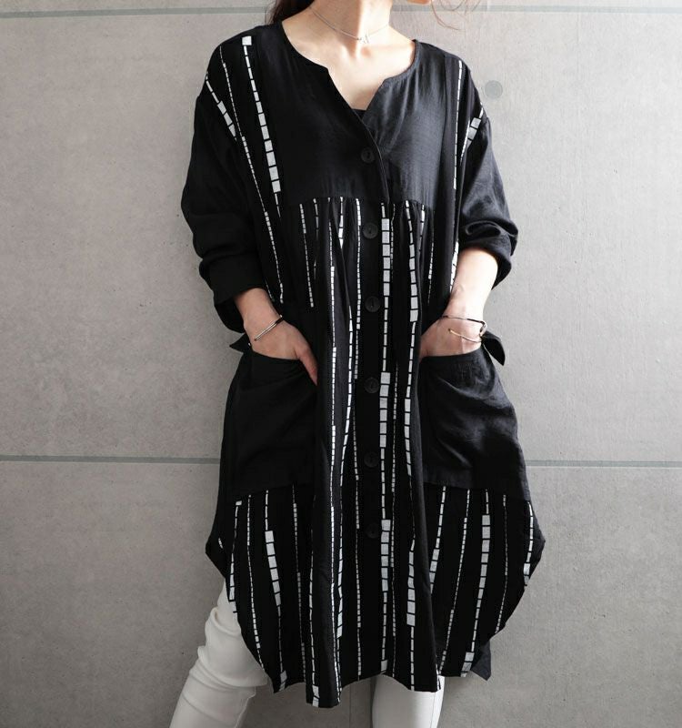 大きいサイズ レディース モノトーン柄シャツチュニックワンピース　gold802