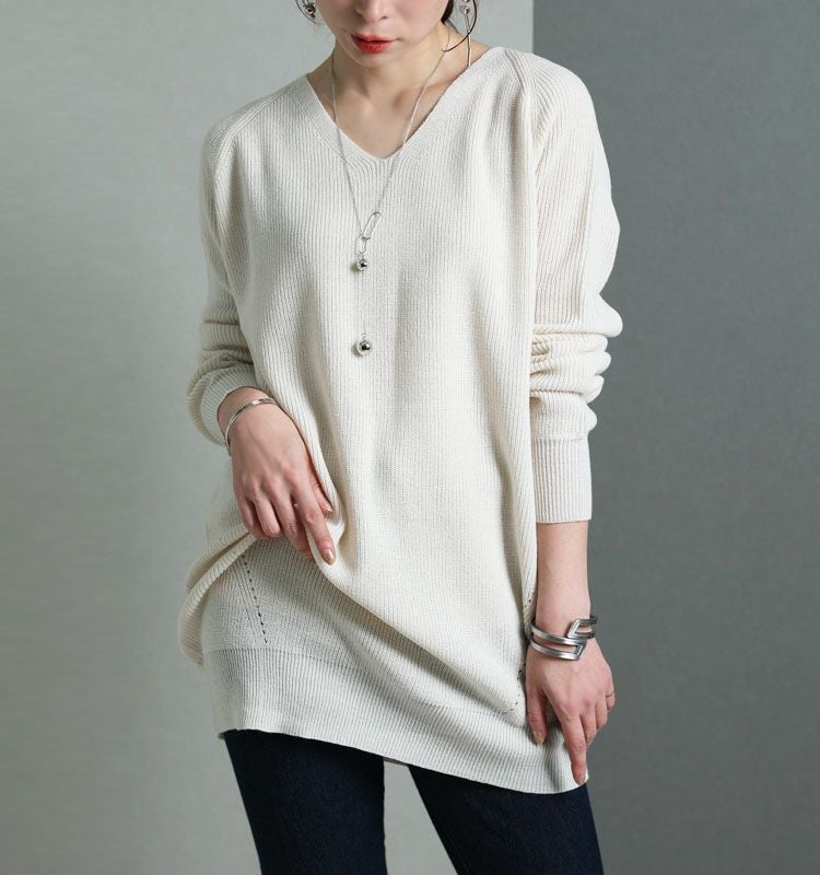 大きいサイズ レディース Vネックチュニック丈ニット　suri-3211