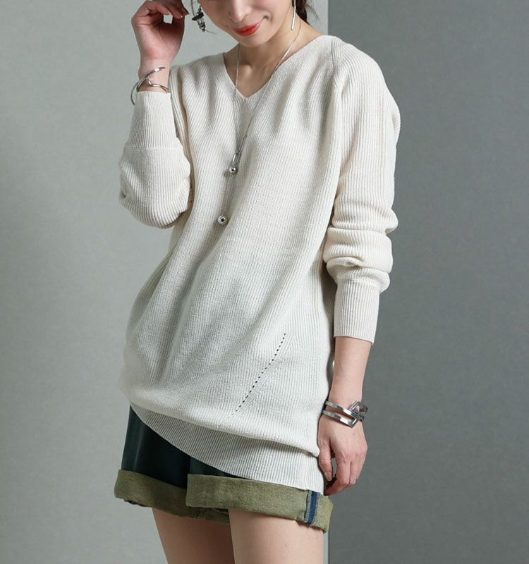 大きいサイズ レディース Vネックチュニック丈ニット　suri-3211