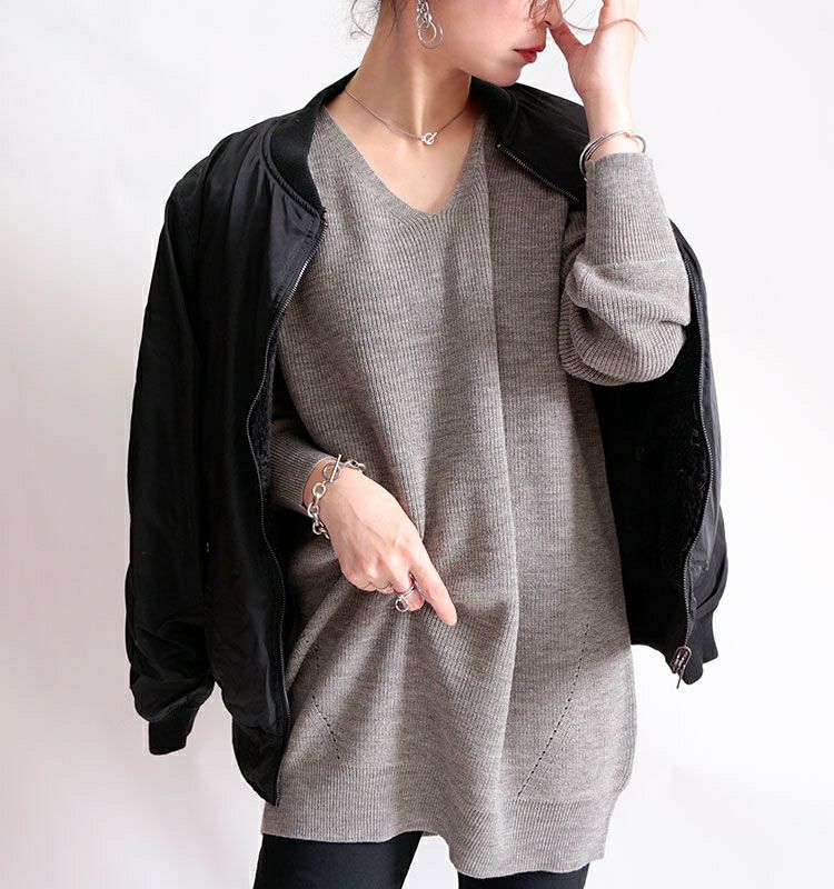 大きいサイズ レディース Vネックチュニック丈ニット　suri-3211