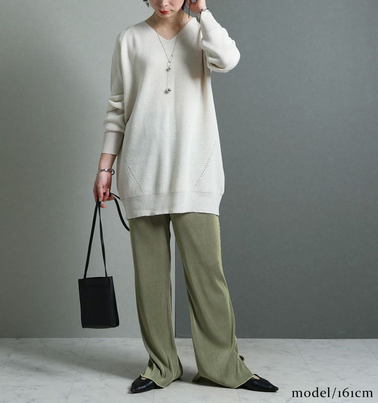 大きいサイズ レディース Vネックチュニック丈ニット　suri-3211