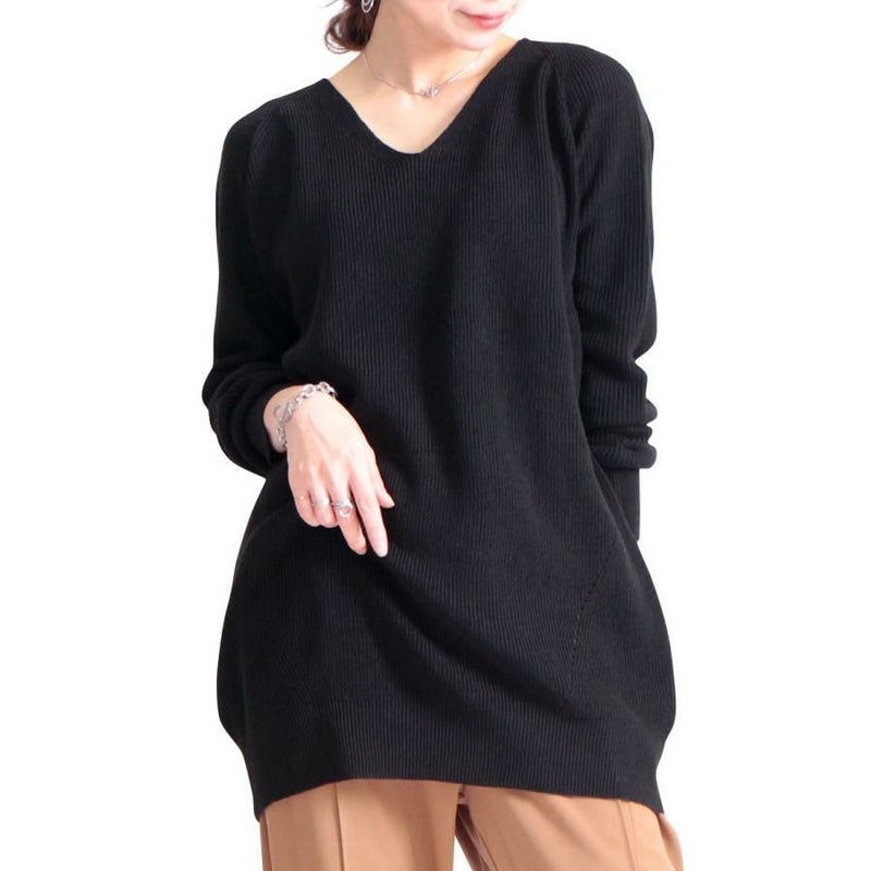 大きいサイズ レディース Vネックチュニック丈ニット　suri-3211 ブラック