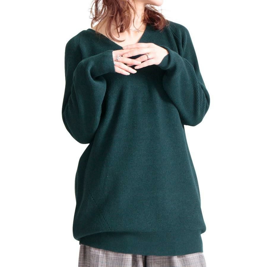 大きいサイズ レディース Vネックチュニック丈ニット　suri-3211 グリーン