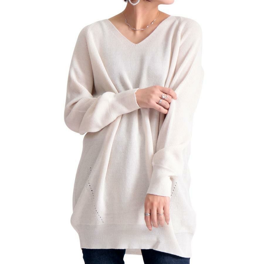 大きいサイズ レディース Vネックチュニック丈ニット　suri-3211 オフホワイト