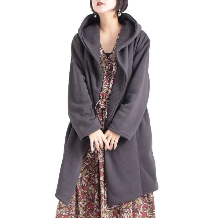 大きいサイズ レディース フード付き裏ボアコート　sw-0329 チャコール