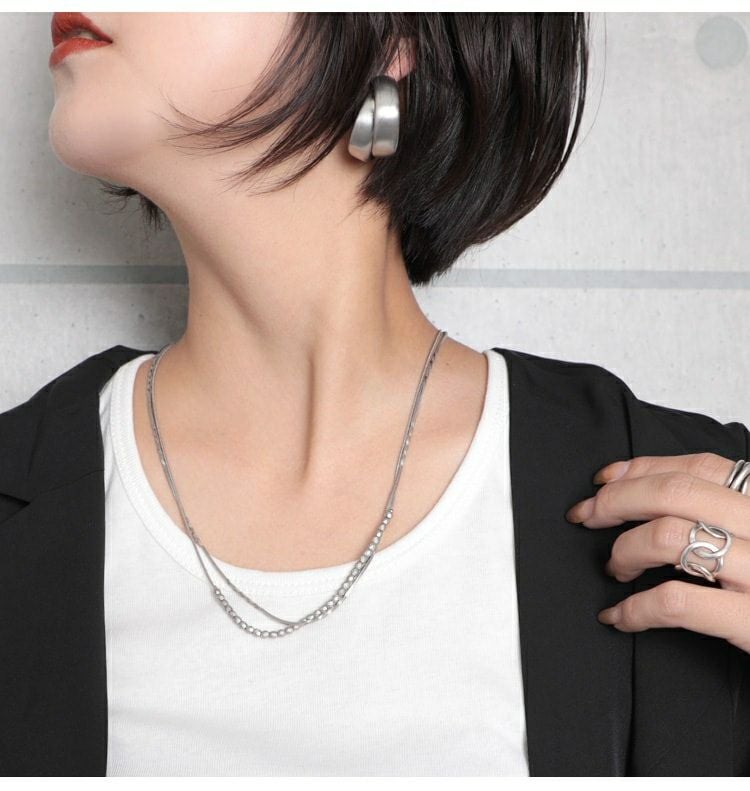 大きいサイズ レディース カットボール×チェーン2連ネックレス　humio-046【メール便可】