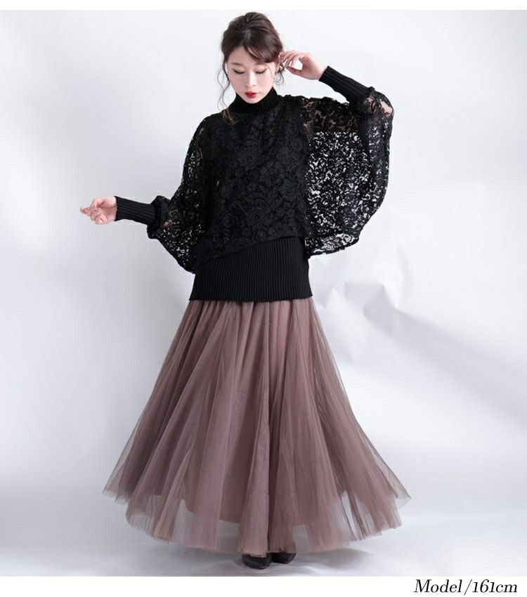 大きいサイズ レディース ポンチョ風レース重ねハイネックニット　gold804