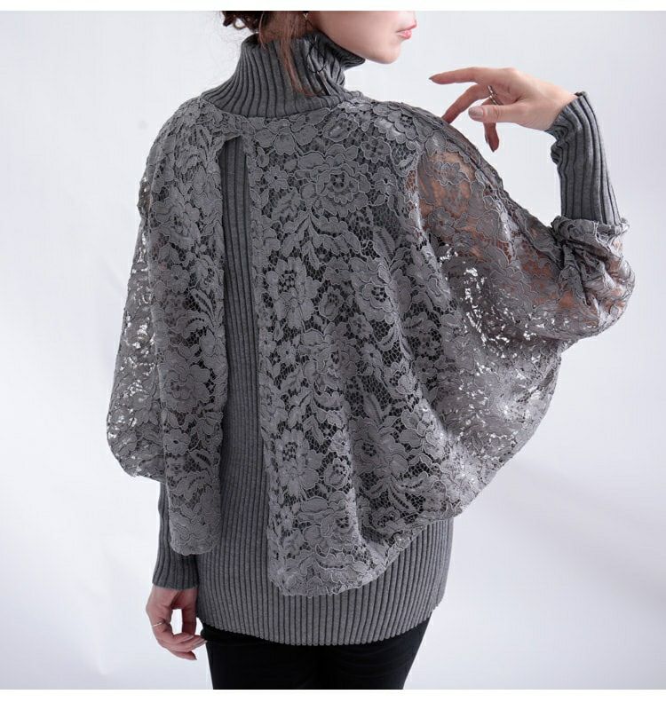 大きいサイズ レディース ポンチョ風レース重ねハイネックニット　gold804
