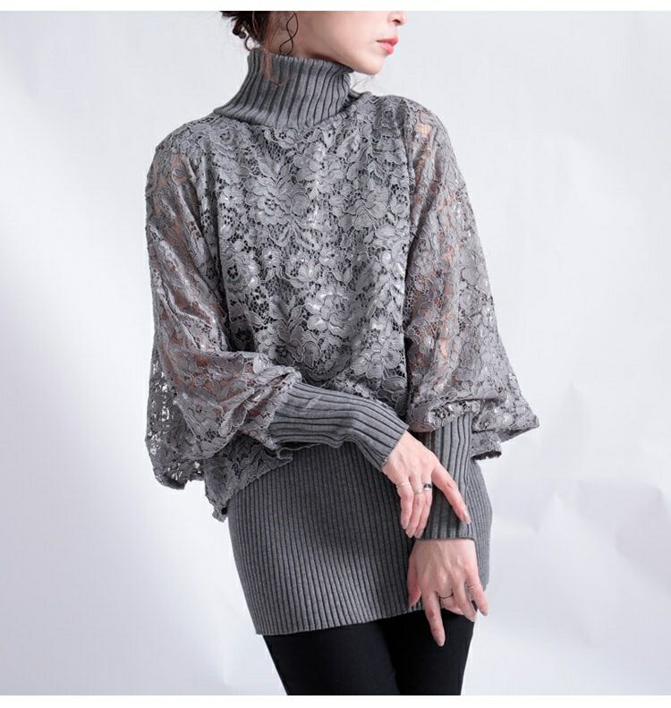 大きいサイズ レディース ポンチョ風レース重ねハイネックニット　gold804