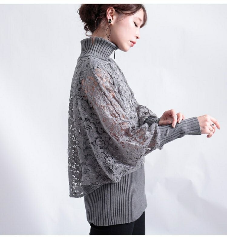大きいサイズ レディース ポンチョ風レース重ねハイネックニット　gold804