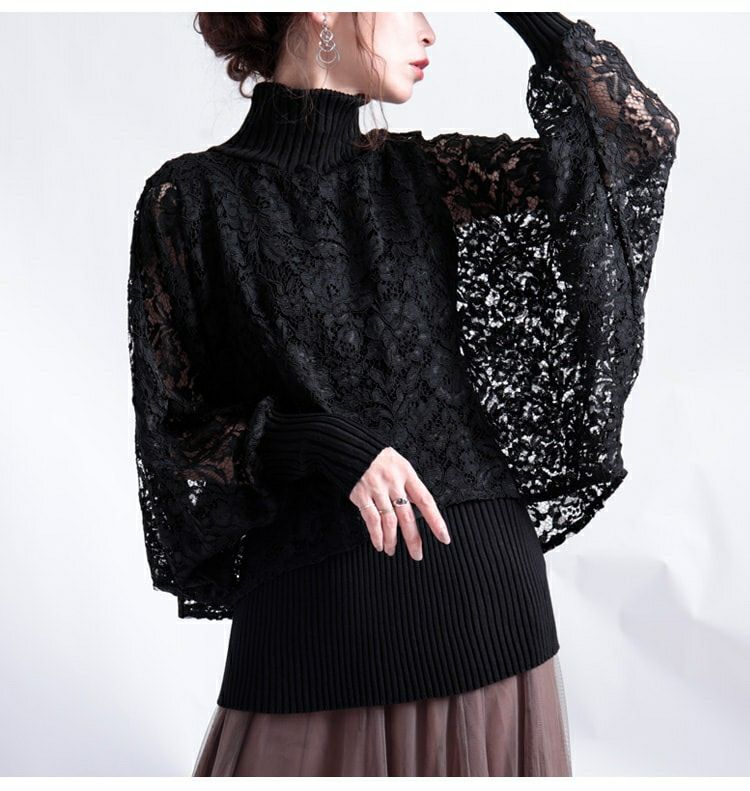 大きいサイズ レディース ポンチョ風レース重ねハイネックニット　gold804