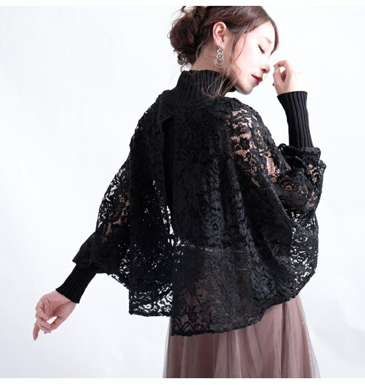 大きいサイズ レディース ポンチョ風レース重ねハイネックニット　gold804