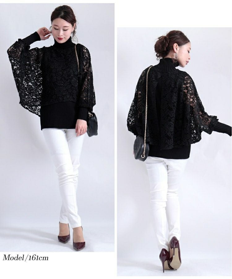 大きいサイズ レディース ポンチョ風レース重ねハイネックニット　gold804